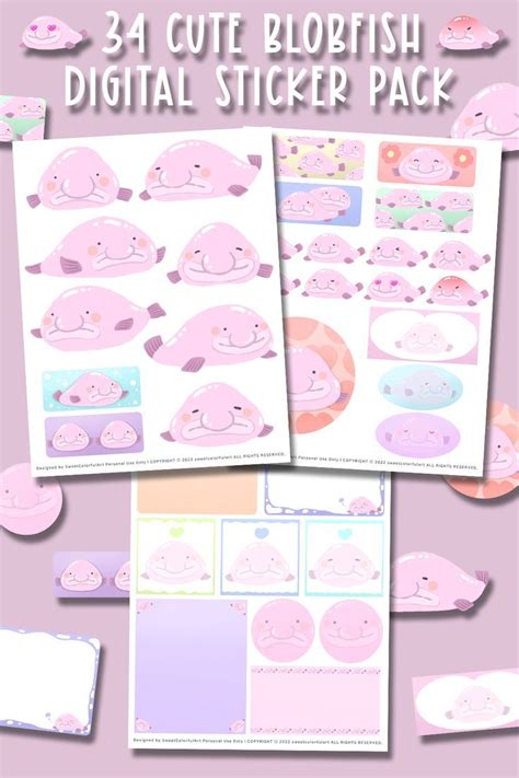 34 cute blobfish digital sticker pack, Pink blob fish printable ...