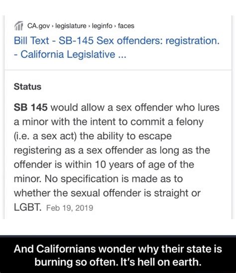 Ca Gov Legislature Leginto Faces Bill Text Sb 145 Sex Offenders Registration California