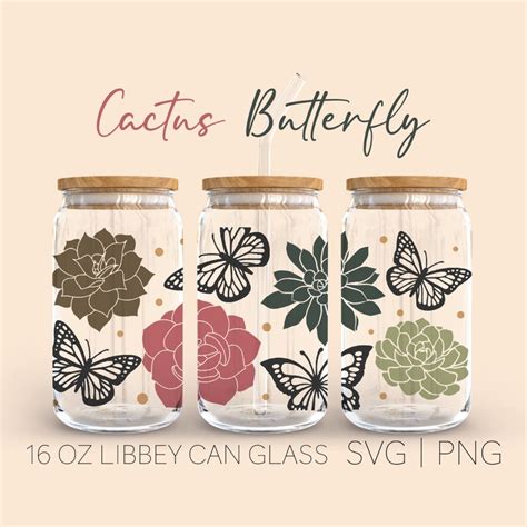 Succulent Butterfly Libbey Can Glass Svg 16 Oz Can Glass Etsy