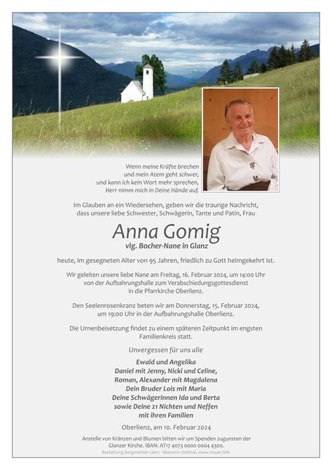 Todesanzeige Anna Gomig Trauer Link