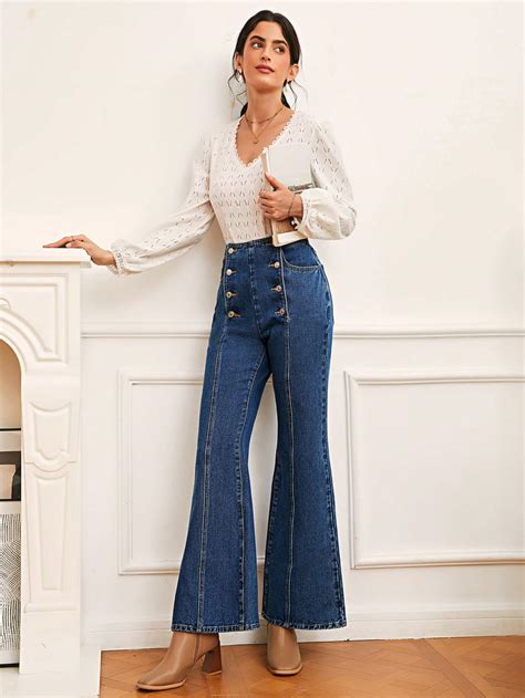 Shein Frenchy Jeans De Pierna Amplia De Talle Alto De Doble Botonadura