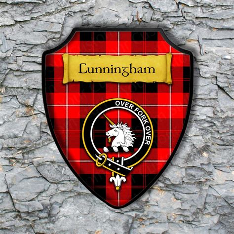 Cunningham Plaque With Scottish Clan Badge On Clan Tartan