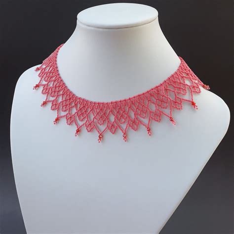 Pink Seed Bead Lace Necklace Beadweave Collar Necklace Netted Etsy Canada Bead Work Jewelry