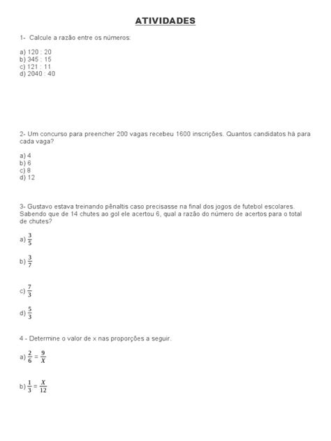 Atividade Razão E Proporção Pdf