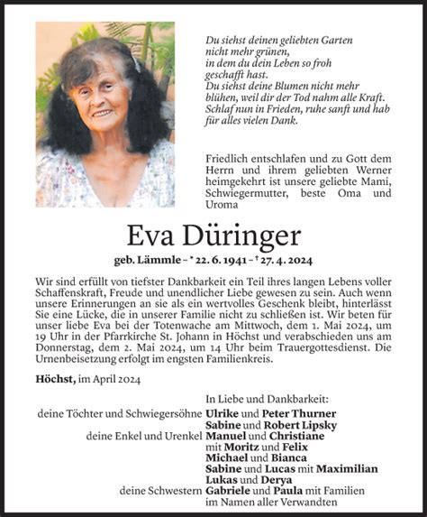 Todesanzeigen von Eva Düringer Todesanzeigen Vorarlberger Nachrichten