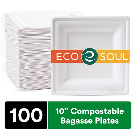 ECO SOUL Pearl White 10 Inch Square 100 Pack Paper Plates PFAS Free