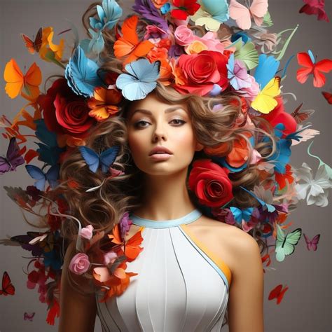 Premium Photo A Woman With Flowers And Butterflies