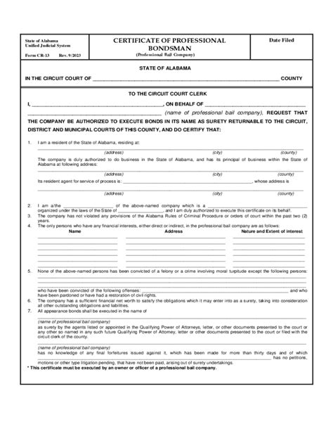 Fillable Online Eforms Alacourt Certificate Of Professional Bondsman