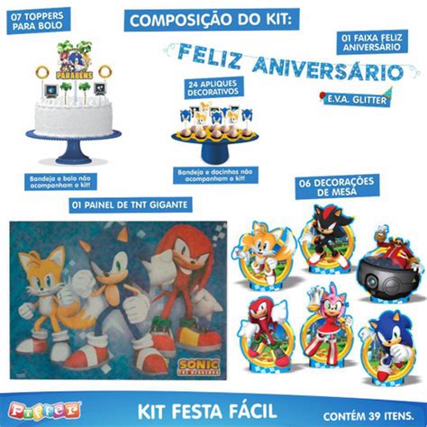 Kit Festa Sonic 39 Itens Painel Faixa Enfeites Topo em Promoção