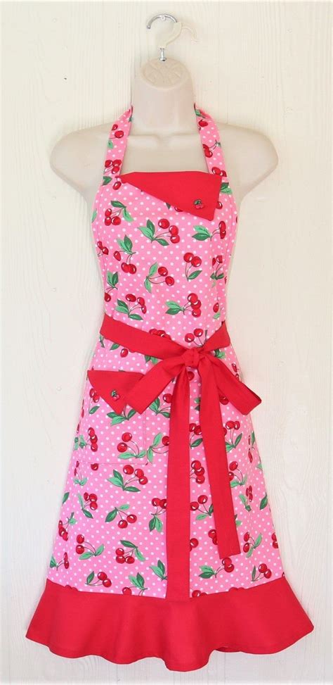 Retro Apron For Women Pink Cherry Apron With Polka Dots Etsy Womens