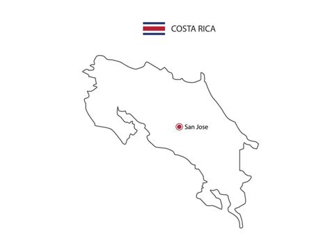 Hand Draw Thin Black Line Vector Of Costa Rica Map With Capital City