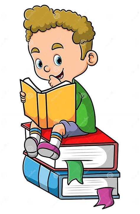 The Cute Boy Is Reading The Book And Sitting On The Books Stock Vector