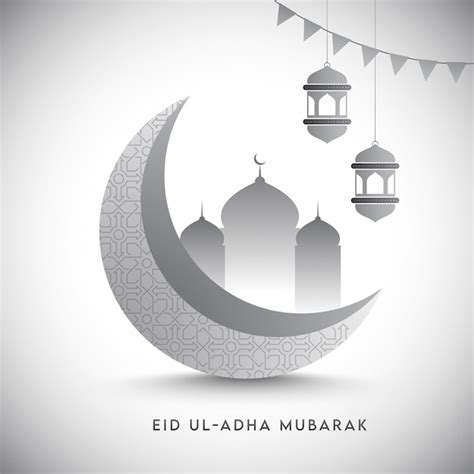 Premium Vector 3d Grey Crescent Moon With Mosque Hanging Lanterns