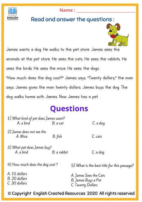 Reading Comprehension Grade 5 Worksheet