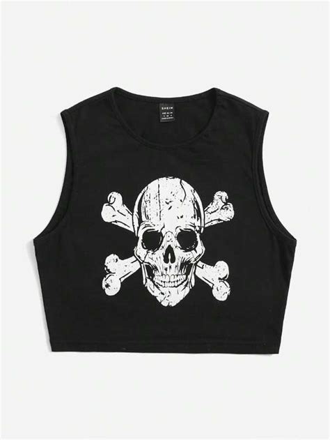 Shein Coolane Skull Print Crop Tank Top Without Sleeve Shein