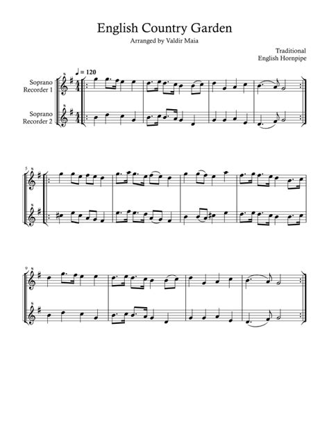 English Country Garden Soprano Recorder Duo Arr Valdir Maia By Traditional Sheet Music For