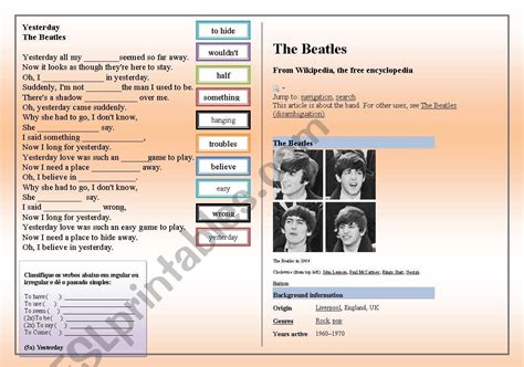 SONG: Beatles - Yesterday - ESL worksheet by lwymax