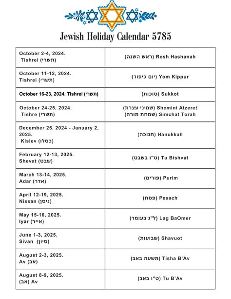 Jewish Holiday Calendars Printable Etsy