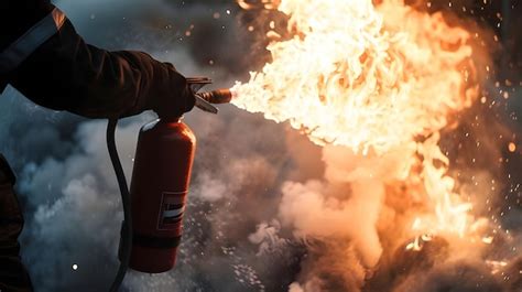 Premium Photo Man Using Fire Extinguisher Fighting Fire Closeup Photo