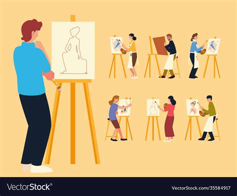 Paint class set people painting drawing Royalty Free Vector