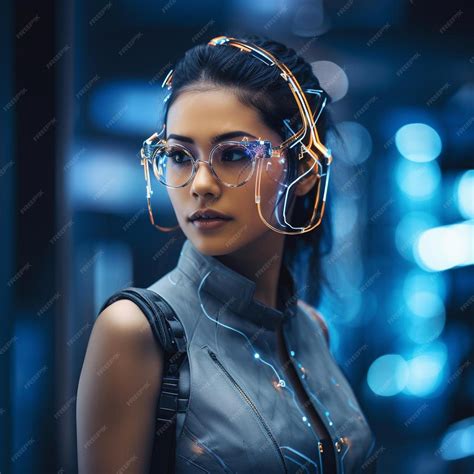 Premium Photo Ai Cyborg Wearing Futuristic Eyeglasses Standing By Light Trail