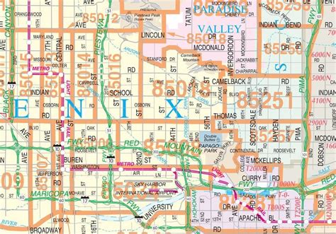 Metropolitan Phoenix Arterial Wall Map With Zip Codes 2 Etsy