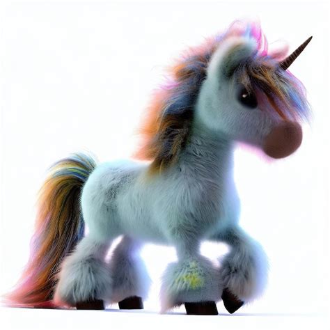 Un unicornio con melena y cola de arco iris está de pie sobre un fondo