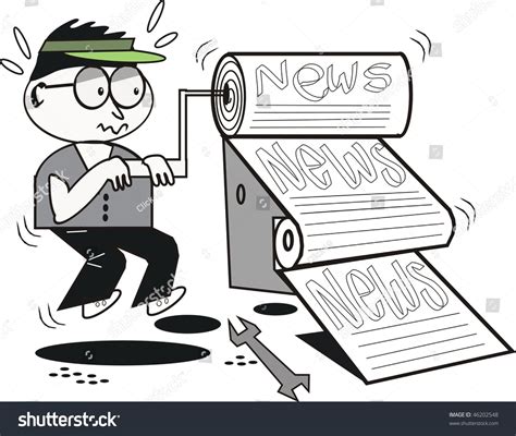 Cartoon Of Overworked Printing Worker Operating Newspaper Press. Stock ...