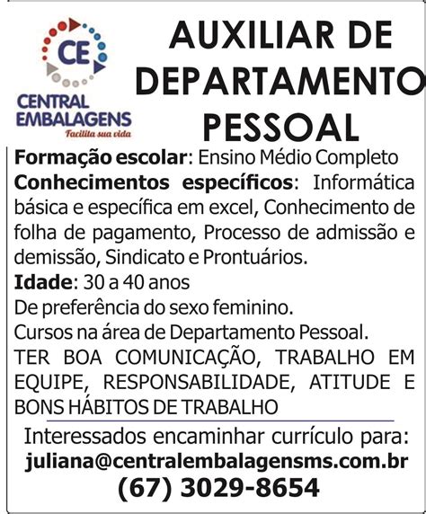 Jornal Meu Emprego Ms Vaga Auxiliar De Departamento Pessoal