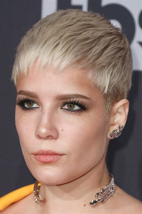 Halsey Straight Platinum Blonde Pixie Cut Hairstyle Steal Her Style