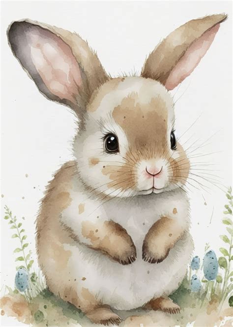 Watercolor Cute Rabbit Poster Picture Metal Print Paint By