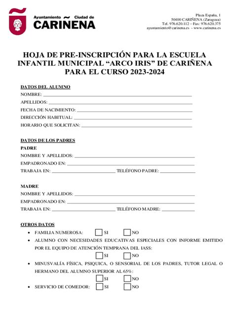 Completable En línea hoja de pre inscripcin para la escuela infantil