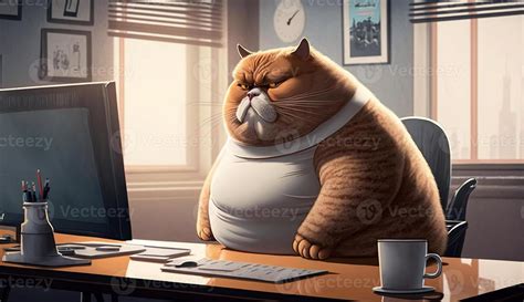 A Fat Cat Is Sitting At The Office Table In Front Of A Computer Sedentary Lifestyle Concept