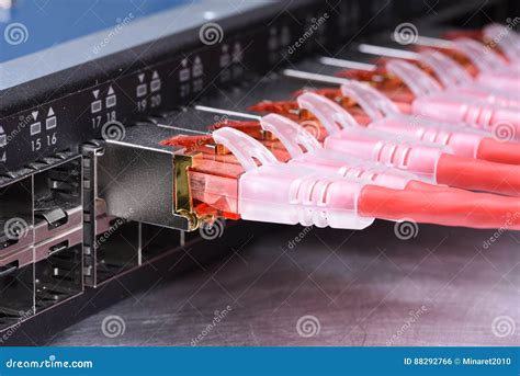 Technology Devices Network Switch With Patch Cord Cables Stock Photo