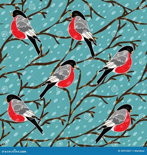 Vector Seamless Pattern With Bullfinch Bird Stock Vector Illustration