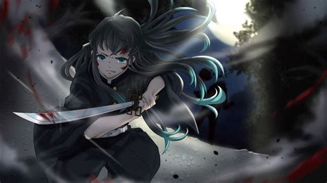 Demon Slayer Muichiro Tokito With Sword With Background Of Moon Light