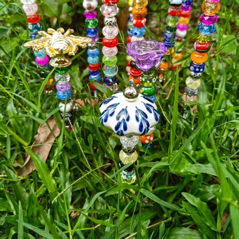 Golden And Silver Bee Beaded Fairy Garden Stake Handmade Garden Art