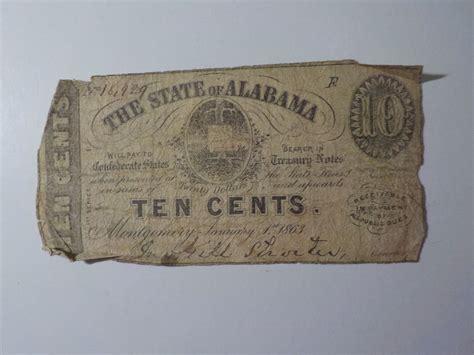 Civil War Confederate 1863 Ten Cents Note Montgomery Alabama Paper Money Vtg Csa Antique