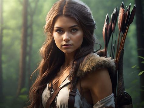 Premium Ai Image Forest Hunter Beautiful Girl With Bow And Arrow Ai