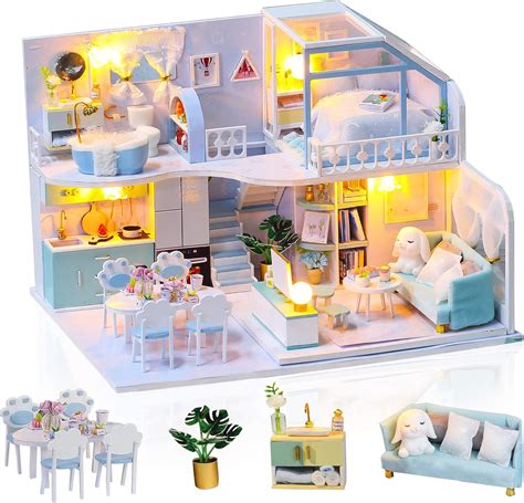 Cuteefun Diy Miniatur Puppenhaus Kit Zum Bau Miniatur Haus Blau Mit