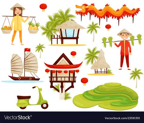 Flat set of cultural symbols of vietnam Royalty Free Vector