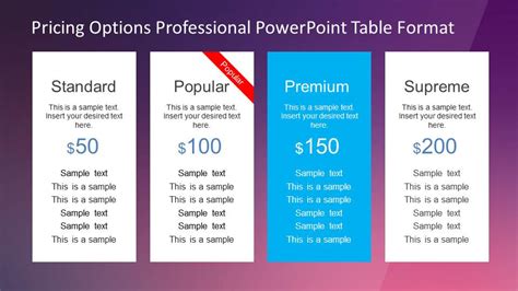 Professional Pricing Options Table For Powerpoint And Slides