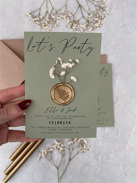 Sage Green And Gold Gypsophila Wax Seal Evening Invitation Studio Six