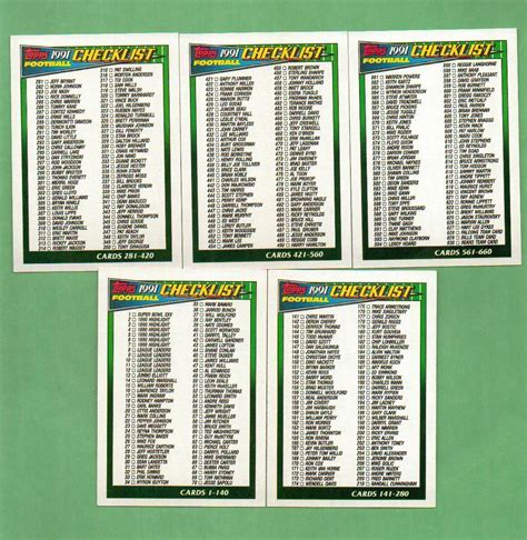 1991 Topps Football Checklists Sports Trading Cards