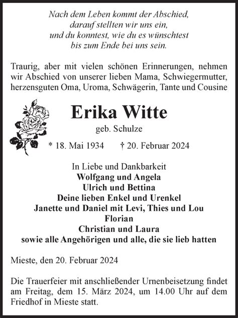 Traueranzeigen Von Erika Witte Abschied Nehmen De