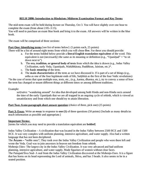 Mid Term Exam Study Guide Fall RELH 2090 Introduction To Hinduism