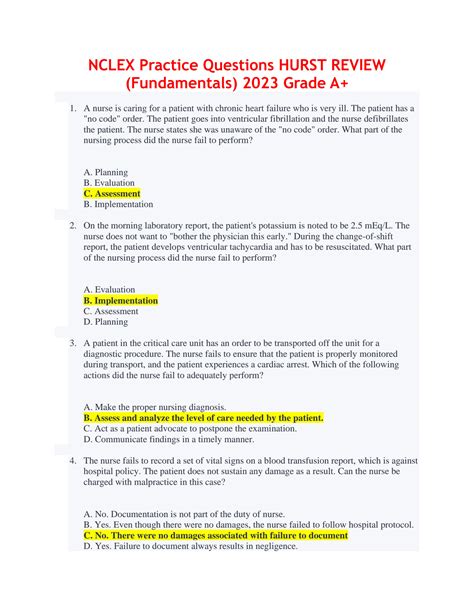 Solution Nclex Practice Questions Hurst Review Fundamentals Grade