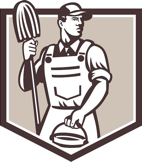 Premium Vector Janitor Cleaner Holding Mop Bucket Shield Retro