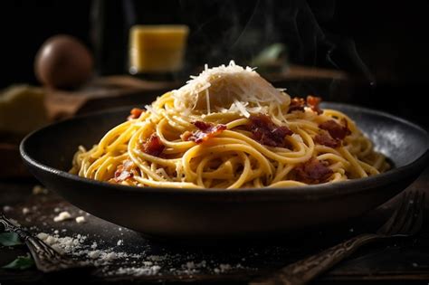 Premium Photo Close Up View Of Steaming Bowl Of Spaghetti Carbonara