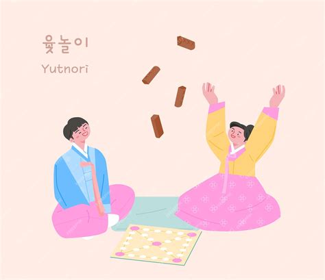 Premium Vector Korean Traditional Play Two Friends Wearing Hanbok Are Playing Yutnori